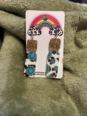 Squash Blossoms Print Statement Earrings with Gold Glitter Accent